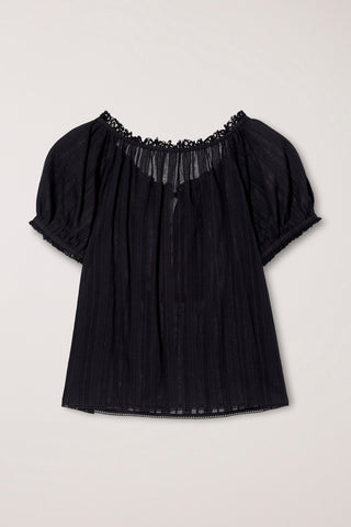 RIBBONED SHIRRING BLOUSE BLACK