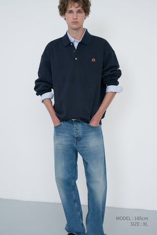 UNISEX LEATHER LOGO COLLARED T-SHIRT FRENCH NAVY