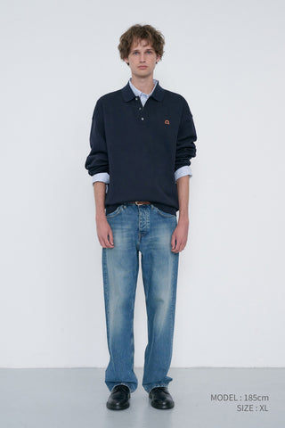 UNISEX LEATHER LOGO COLLARED T-SHIRT FRENCH NAVY