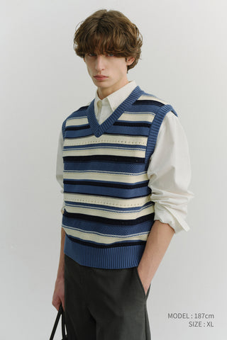 UNISEX CRAFTED STRIPED KNIT VEST BLUE CREAM