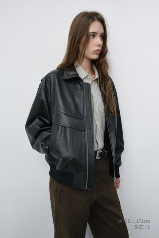 UNISEX STAND COLLARED LEATHER BLOUSON BLACK