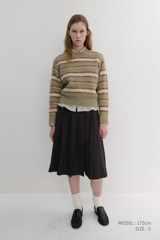 UNISEX STRIPED HAIRY SWEATER OLIVE PINK