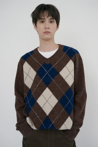 UNISEX HAIRY ALPACA ARGYLE SWEATER GREYISH BROWN