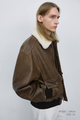 UNISEX DETACHABLE A-2 LEATHER BLOUSON BROWN