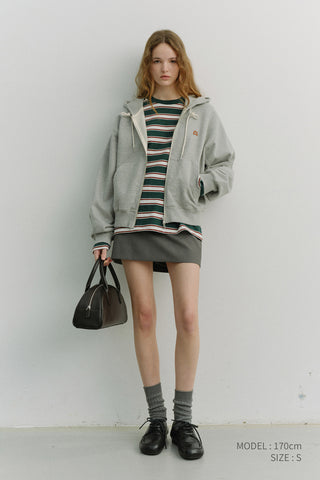 UNISEX LEATHER LOGO ZIP-UP HOODIE MELANGE GREY