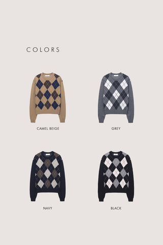 UNISEX ARGYLE CREWNECK SWEATER CAMEL BEIGE