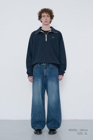 UNISEX LEATHER LOGO HALF ZIP-UP SWEATSHIRT FRENCH NAVY