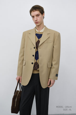 UNISEX REFINED MASCULINE WOOL BLAZER CARAMEL BEIGE