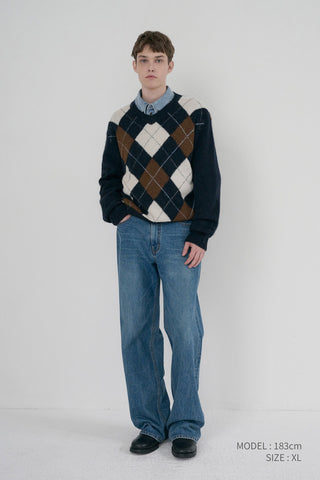 UNISEX HAIRY ALPACA ARGYLE SWEATER NAVY