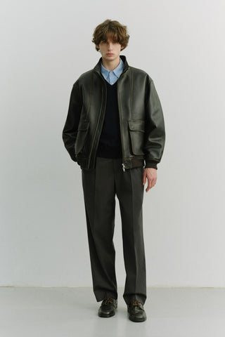 UNISEX STAND COLLARED LEATHER BLOUSON BRUSHED BLACK