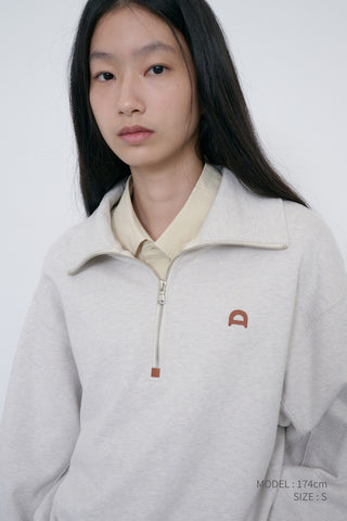UNISEX LEATHER LOGO HALF ZIP-UP SWEATSHIRT OATMEAL MELANGE