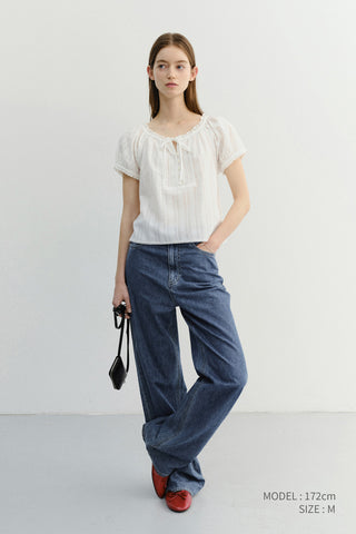 RIBBONED SHIRRING BLOUSE OFF WHITE