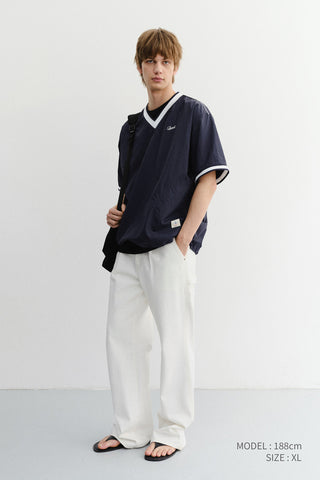 UNISEX V-NECK WOVEN TOP NAVY