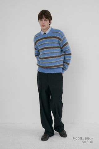 UNISEX STRIPED HAIRY SWEATER SOFT BLUE DEEP BROWN