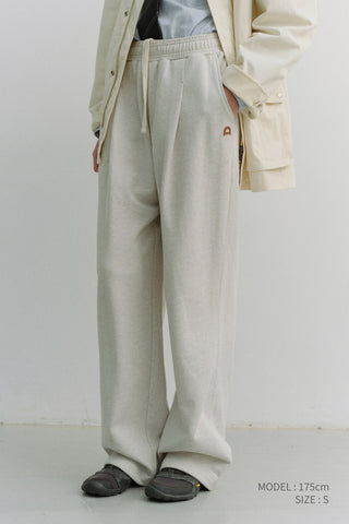 UNISEX LEATHER LOGO WIDE SWEAT PANTS OATMEAL MELANGE