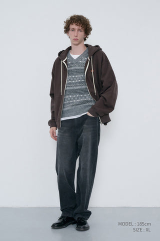 UNISEX LEATHER LOGO ZIP-UP HOODIE BROWN