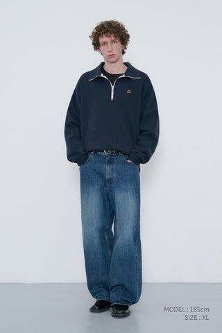 UNISEX LEATHER LOGO HALF ZIP-UP SWEATSHIRT FRENCH NAVY