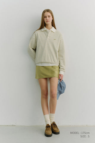 UNISEX STRIPED LOGO COLLARED T-SHIRT OLIVE STRIPE
