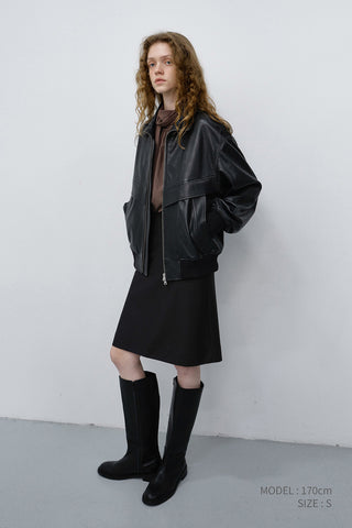 UNISEX STAND COLLARED LEATHER BLOUSON BLACK