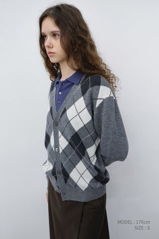 UNISEX V-NECK ARGYLE CARDIGAN GREY