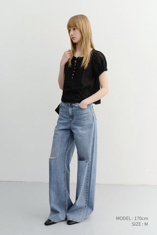 RIBBONED SHIRRING BLOUSE BLACK