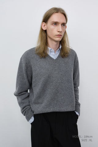 UNISEX CASHMERE V-NECK SWEATER MELANGE GREY