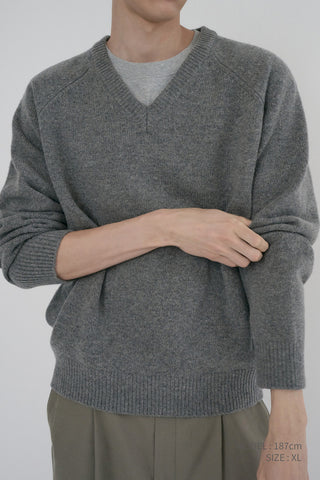 UNISEX SOFT VOLUME V-NECK SWEATER MELANGE GREY