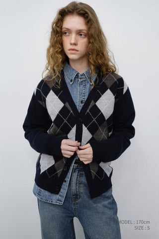 UNISEX V-NECK ARGYLE CARDIGAN NAVY