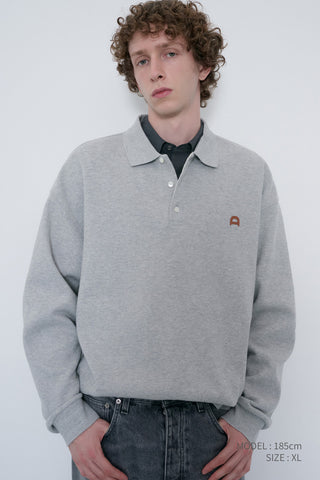 UNISEX LEATHER LOGO COLLARED T-SHIRT MELANGE GREY