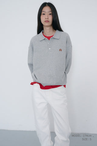 UNISEX LEATHER LOGO COLLARED T-SHIRT MELANGE GREY