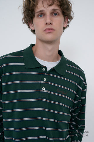 UNISEX MULTI STRIPE COLLARED T-SHIRT FOREST GREEN STRIPE