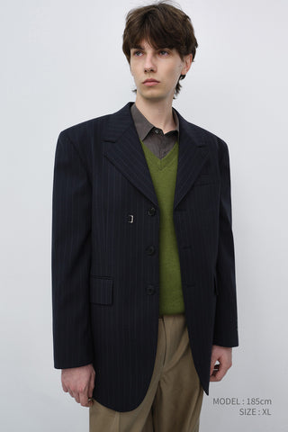 UNISEX REFINED MASCULINE WOOL BLAZER NAVY STRIPE