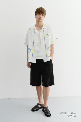 UNISEX HAND-DRAWING OPEN COLLARED SHIRT LEMON GARDEN