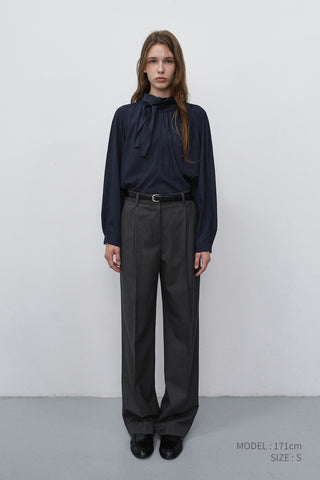 PLEATED SEMI-WIDE SLACKS CHARCOAL GREY