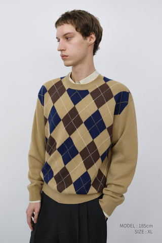 UNISEX ARGYLE CREWNECK SWEATER CAMEL BEIGE