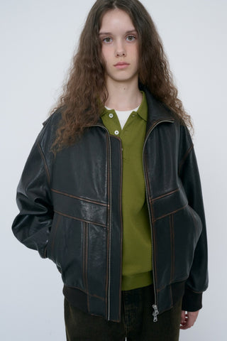 UNISEX STAND COLLARED LEATHER BLOUSON BRUSHED BROWN