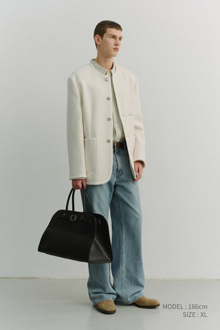 UNISEX COLLARLESS TWEED JACKET CREAM