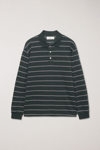 UNISEX MULTI STRIPE COLLARED T-SHIRT FOREST GREEN STRIPE