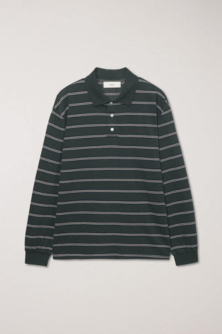 UNISEX MULTI STRIPE COLLARED T-SHIRT FOREST GREEN STRIPE