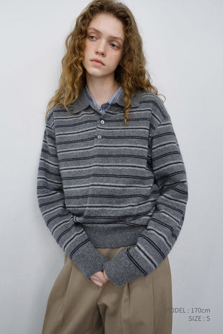 UNISEX COLLARED STRIPED SWEATER GREY