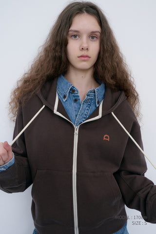 UNISEX LEATHER LOGO ZIP-UP HOODIE BROWN
