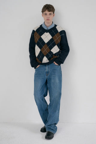 UNISEX HAIRY ALPACA ARGYLE SWEATER NAVY
