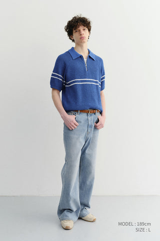HALF ZIP-UP STRIPED POLO KNIT BLUE