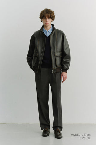 UNISEX STAND COLLARED LEATHER BLOUSON BRUSHED BLACK