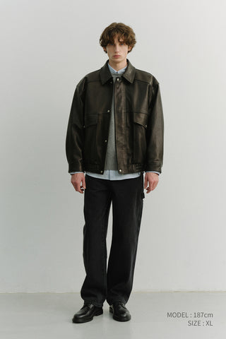 UNISEX OVERSIZED VINTAGE LEATHER BLOUSON BLACK