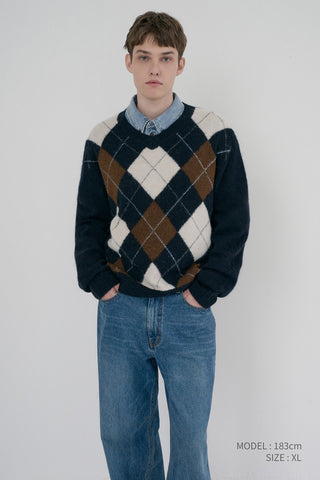UNISEX HAIRY ALPACA ARGYLE SWEATER NAVY