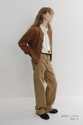 UNISEX HAIRY CABLE CREW NECK CARDIGAN CAMEL