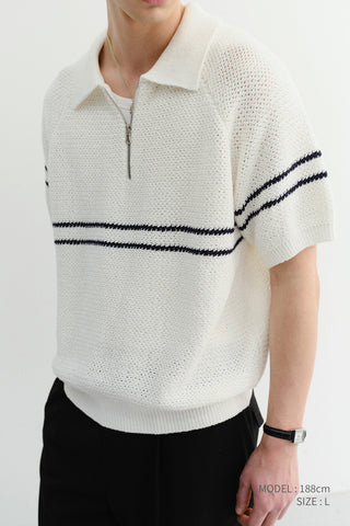 HALF ZIP-UP STRIPED POLO KNIT WHITE