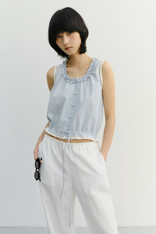 FRILL SLEEVELESS BLOUSE SOFT BLUE CHECK