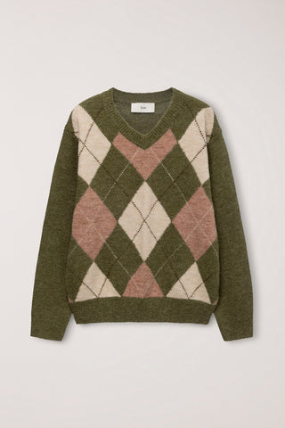 UNISEX HAIRY ALPACA ARGYLE SWEATER OLIVE KHAKI